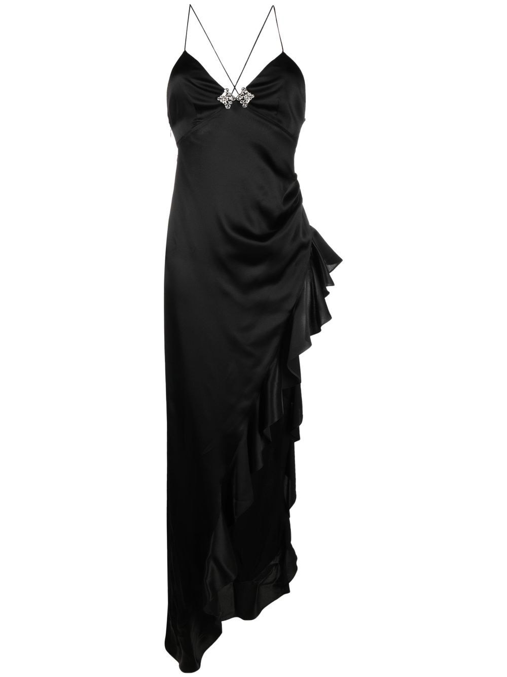 ruffle-trimmed asymmetric silk gown