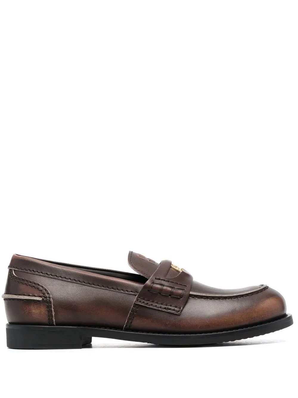 Miu Miu Logo Embossed Calf Leather Loafers In Brown
