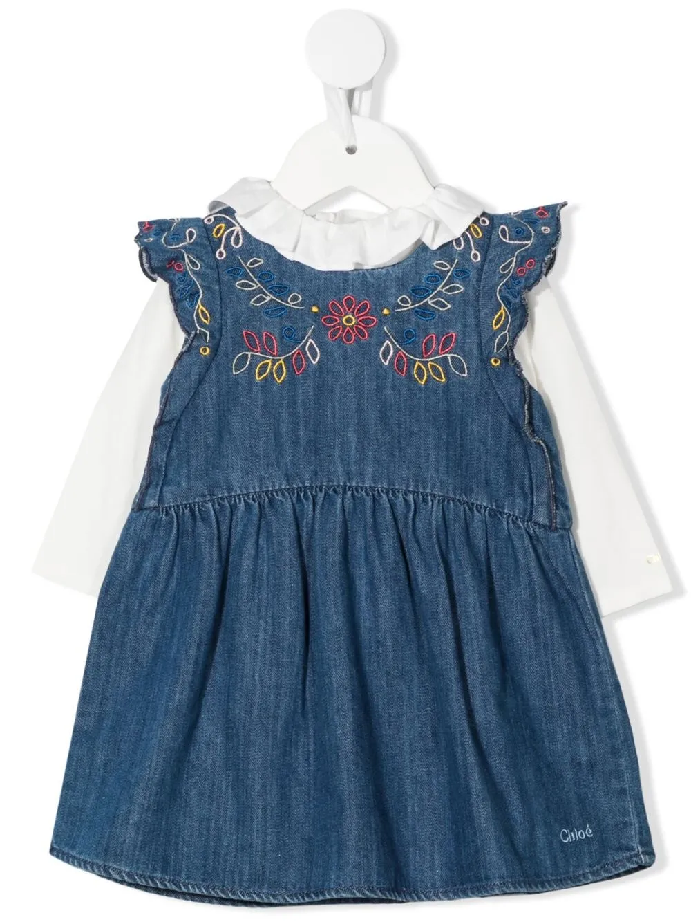 

Chloé Kids floral-embroidered ruffle-collar dress - Blue