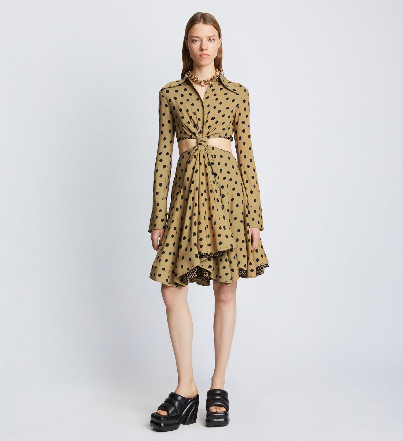 Printed Dot Cut Out Shirt Dress