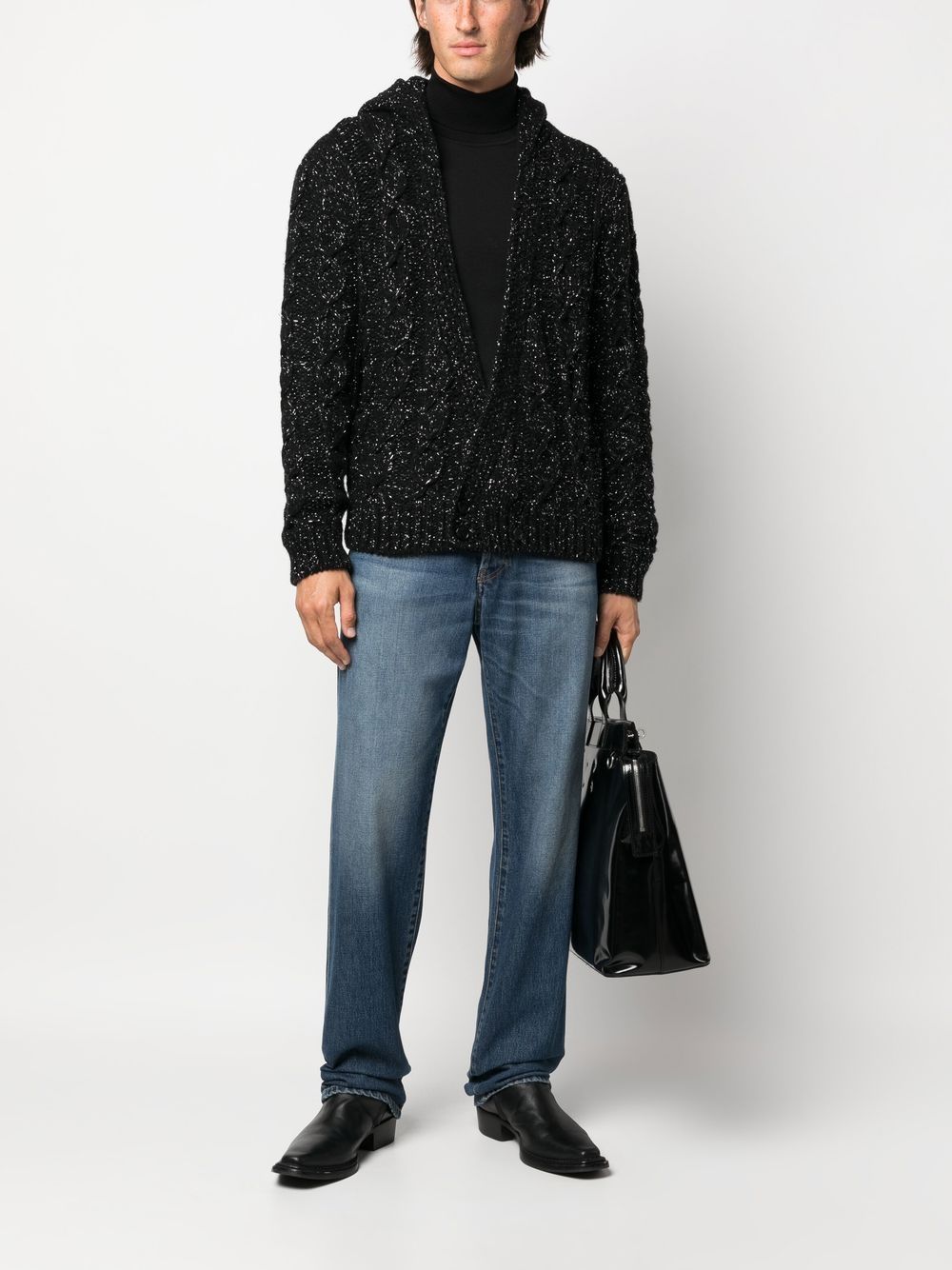 Shop Saint Laurent Chunky-knit Hooded Cardigan In Black