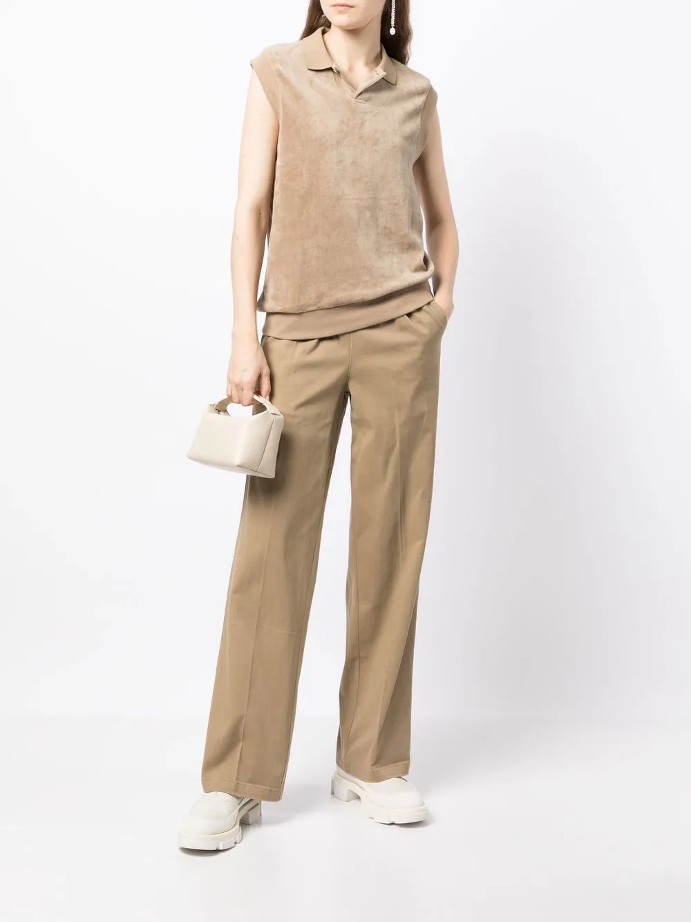 Essentials Velour Sleeveless Polo Top In Brown