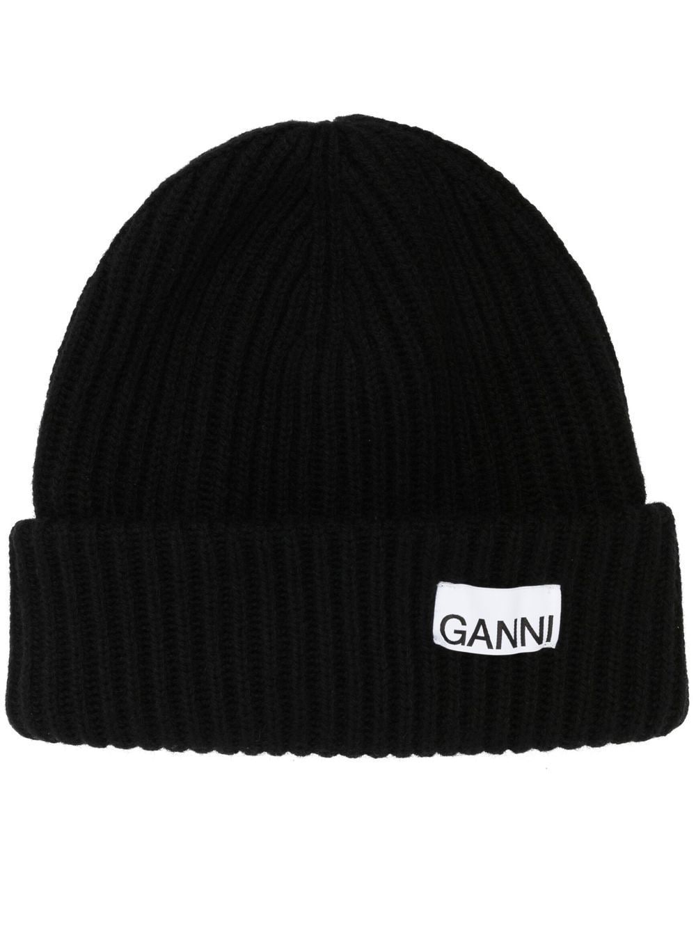 Ganni Logo-patch Ribbed-knit Beanie In Black
