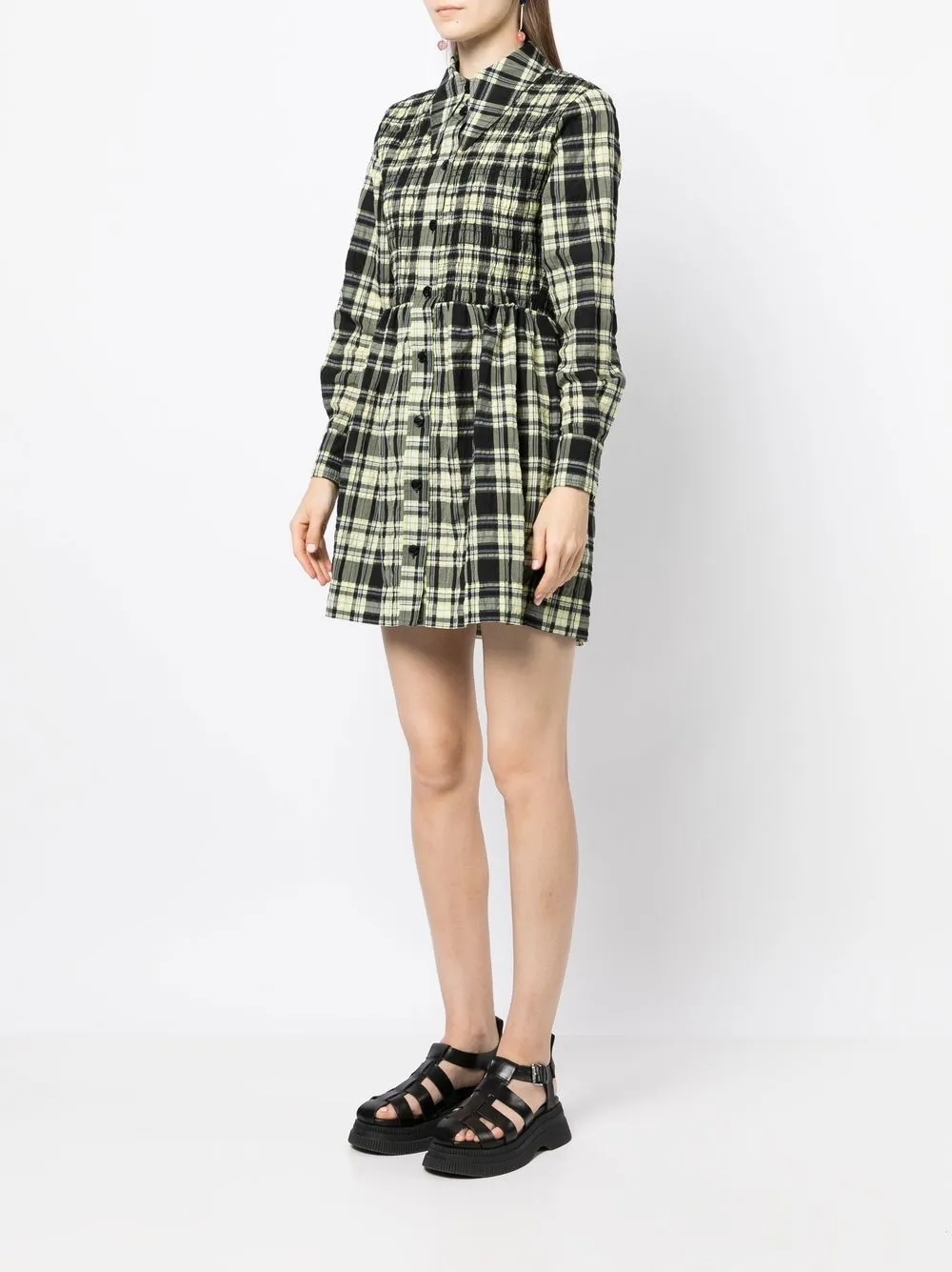 Shop Ganni Seersucker Check Smock Shirt Dress In Yellow