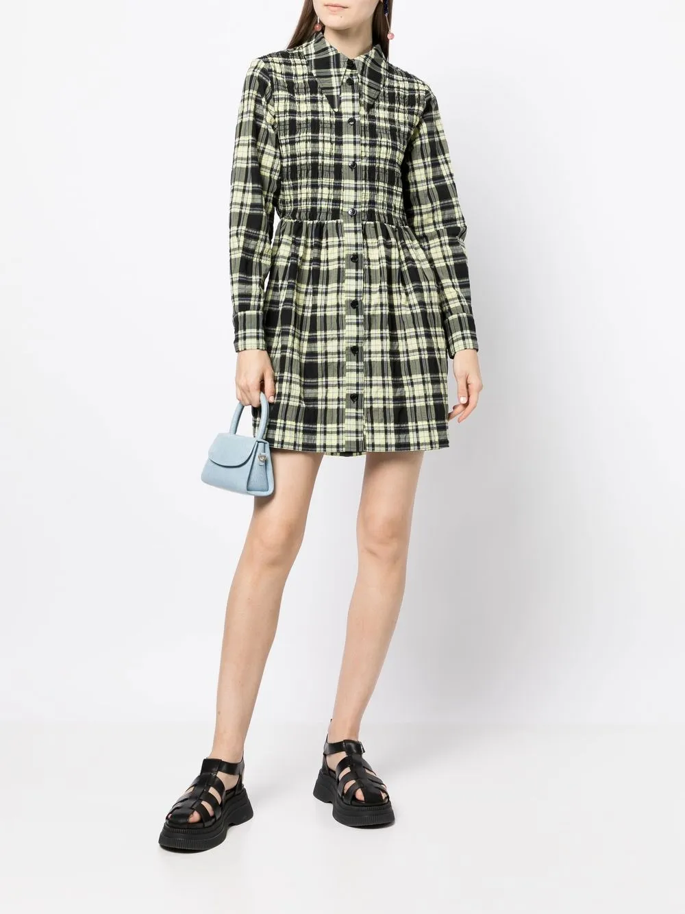 Shop Ganni Seersucker Check Smock Shirt Dress In Yellow