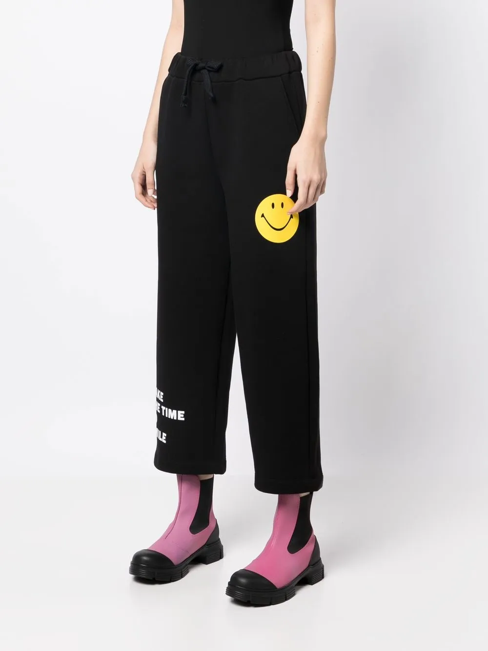 Joshua Sanders Smiley-print Cotton-blend Track Pants In Schwarz
