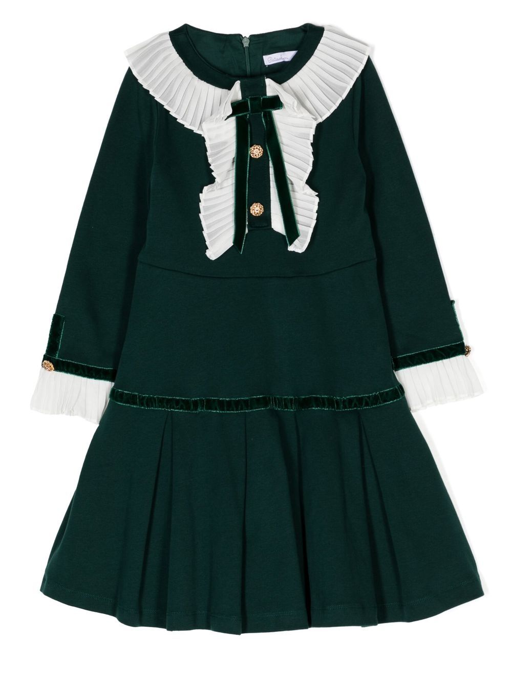 Patachou Kids' Ruffled Velvet-trim Flared Dress In Green
