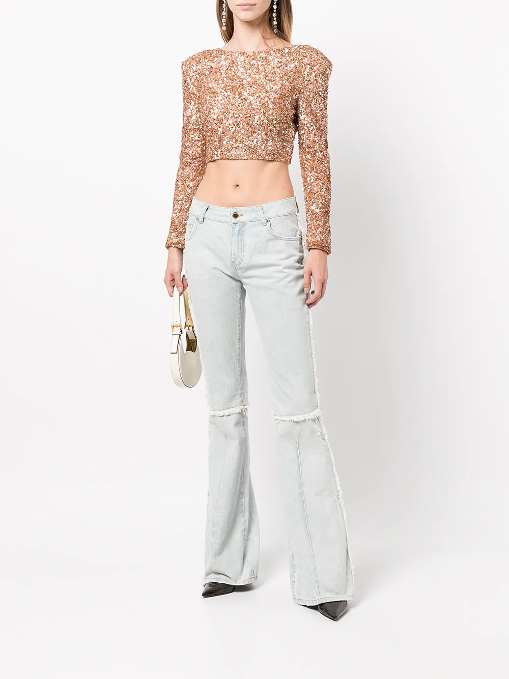 Retrofete Top verfraaid met pailletten - Beige