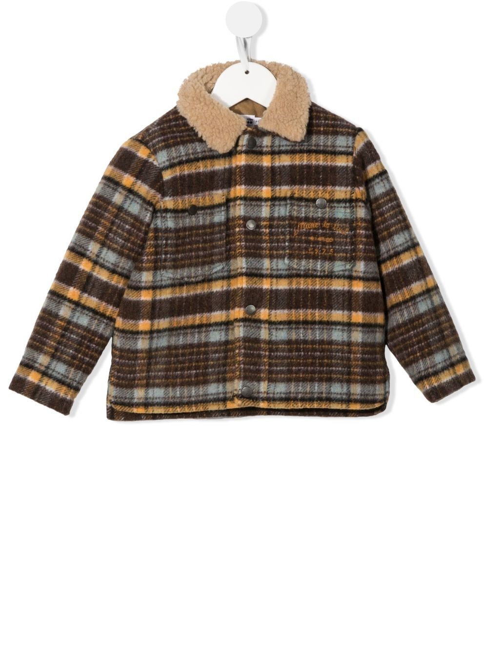 Shop Bonpoint Checked Shearling-collar Jacket In Brown