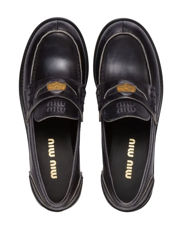 Miu Miu logo-plaque Leather Loafers | Black | FARFETCH