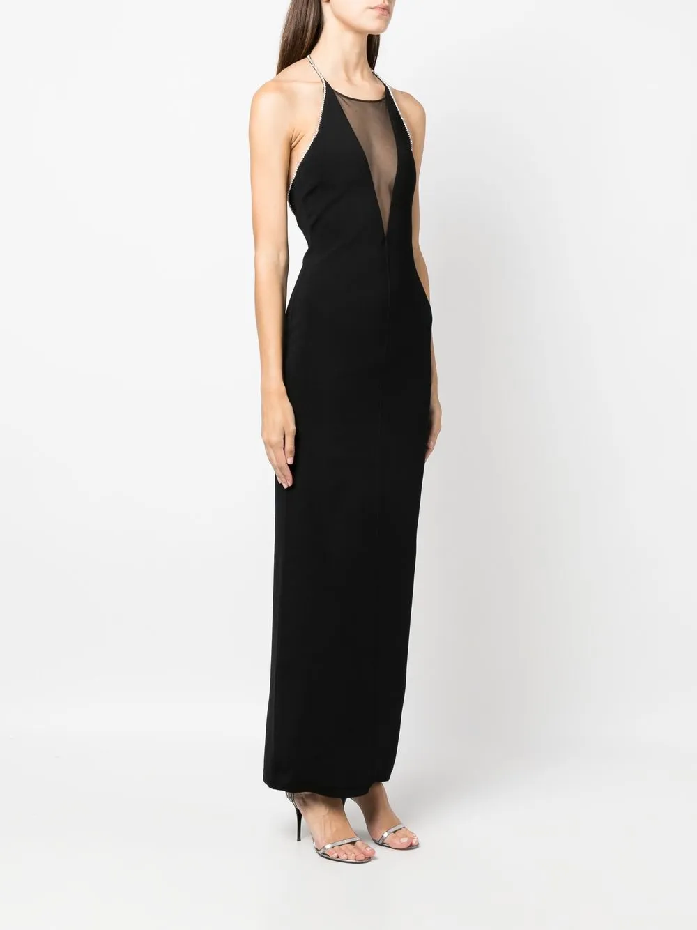 Galvan Plunge Sheer-panel Halterneck Gown In Schwarz