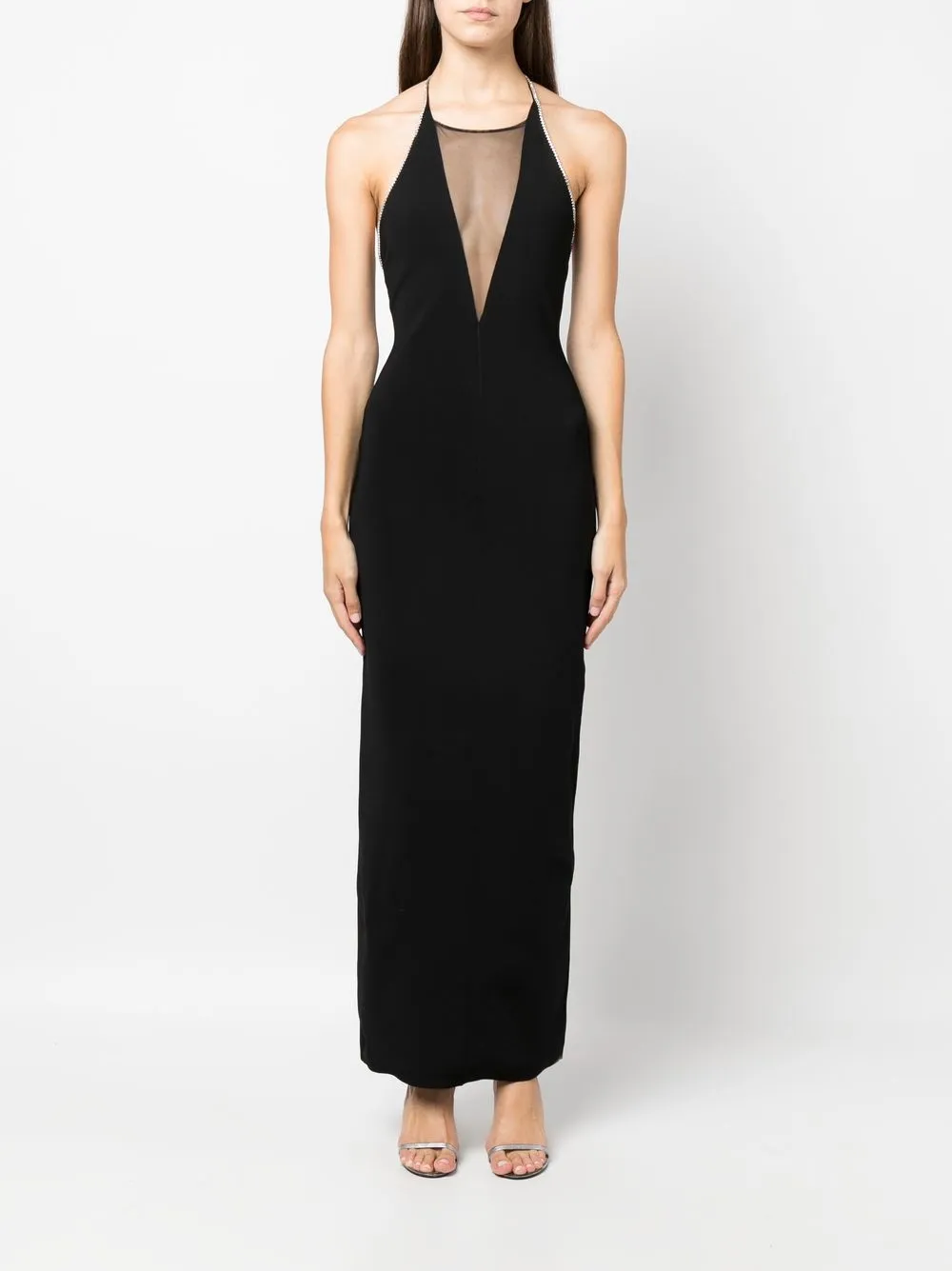 Galvan Plunge Sheer-panel Halterneck Gown In Schwarz