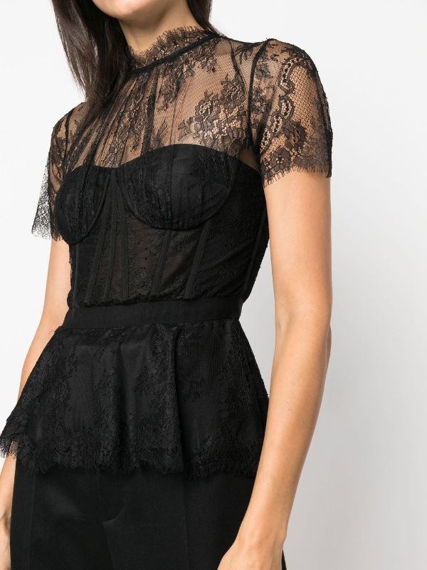 Black Lace Long Sleeve Corset Peplum Top