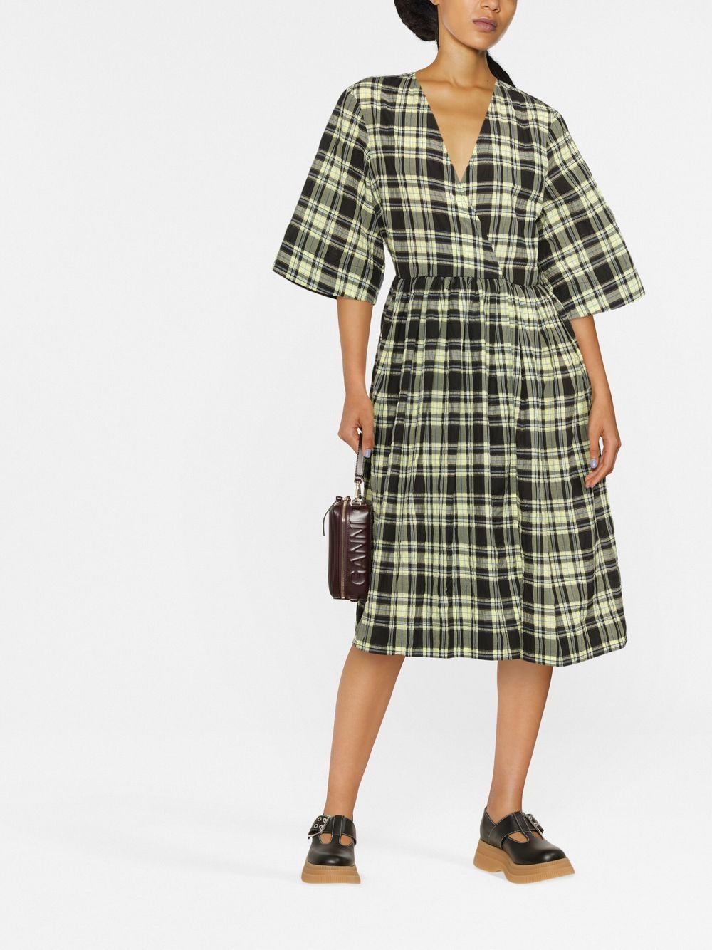 Shop Ganni Seersucker Check Midi Dress In Yellow