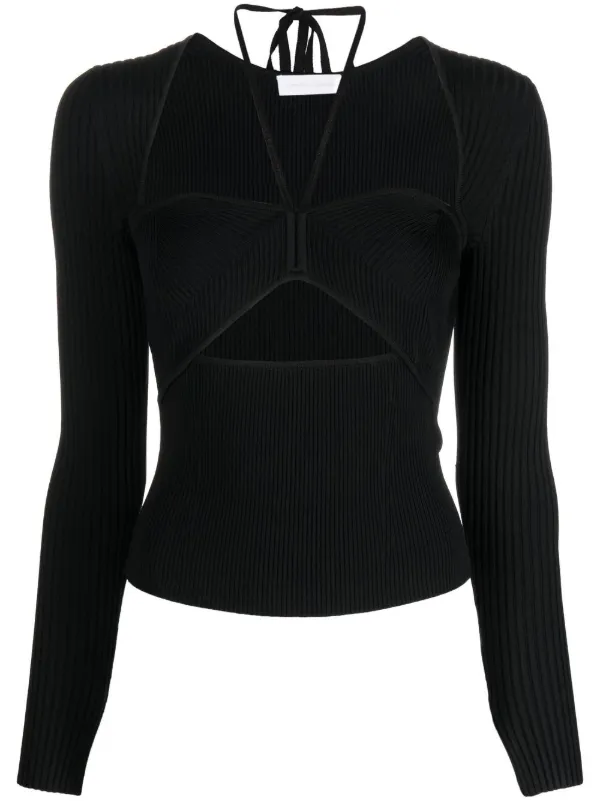 Simkhai Alexia Neck-tie Ribbed Top in Black