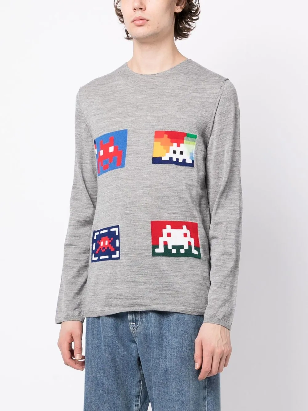 Shop Comme Des Garçons Shirt Graphic-print Fine-knit Jumper In Grey