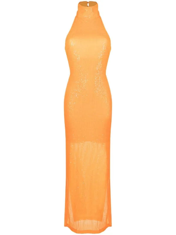 rotate orange dress ROTATE BIRGER CHRISTENSEN Sequinned Halterneck Midi Dress | Orange