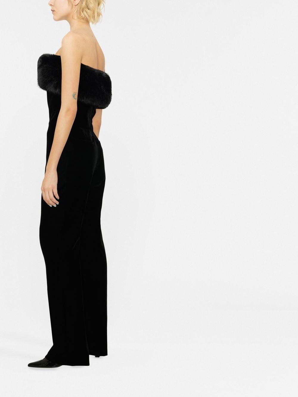 Shop Saint Laurent Faux-fur Strapless Jumpsuit In Black