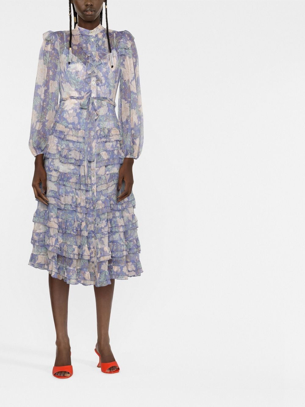 Zimmermann Cosmic Sheer Floral Tiered Button-front Midi Dress In Blue ...