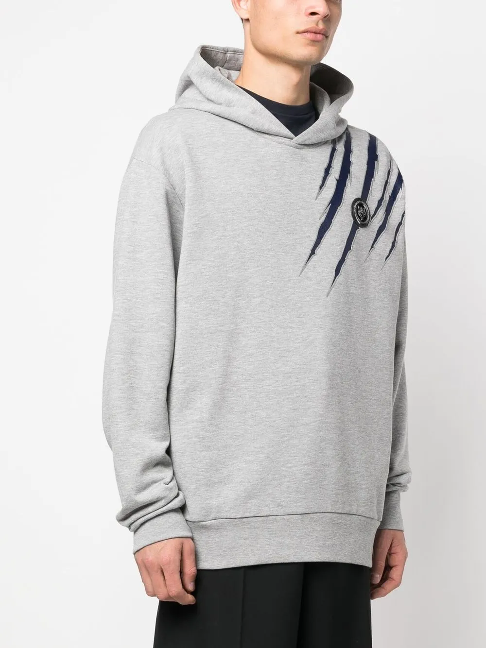 Plein Sport Scratch-print Long-sleeved Hoodie In Gray