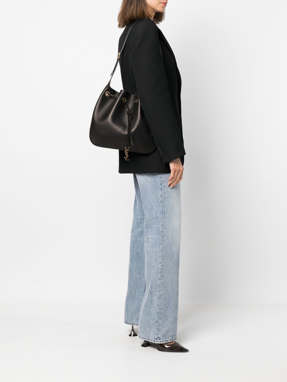 Shop Saint Laurent Drawstring Bucket Shoulder Bag In Braun