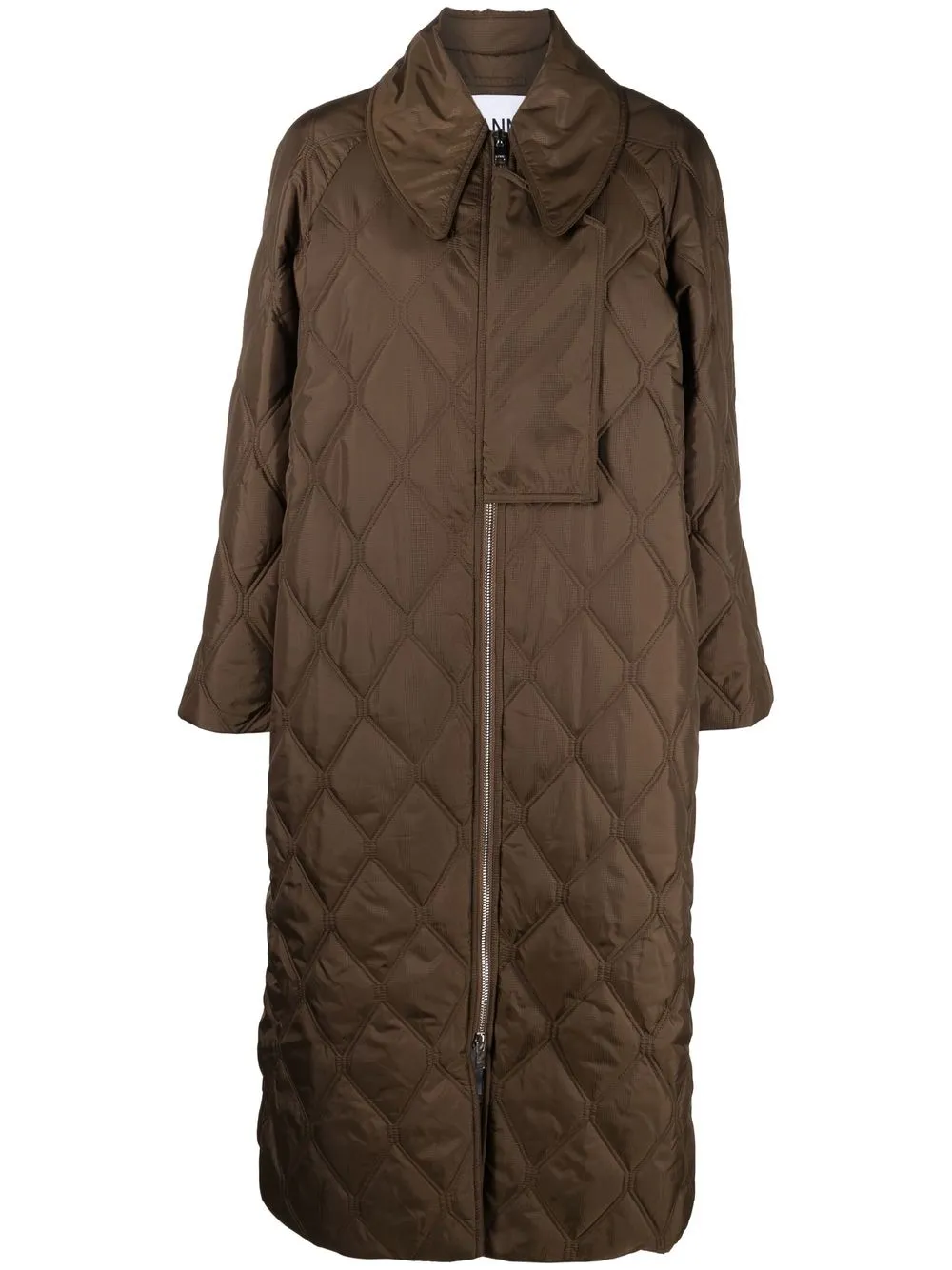 Ganni Diamond-quilted Ripstop Long Coat In Brown