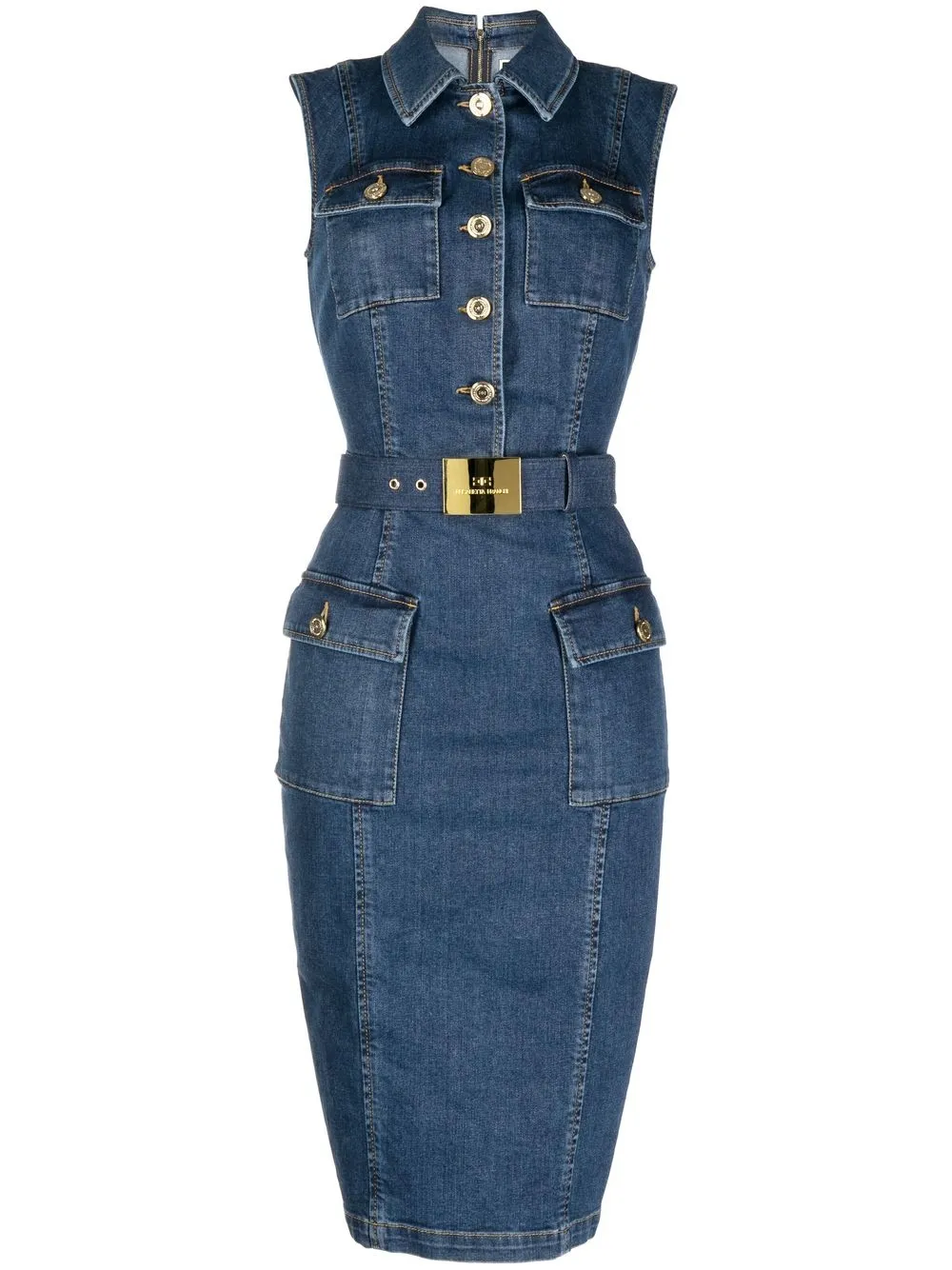 

Elisabetta Franchi vestido de mezclilla midi sin mangas con cinturón - Azul
