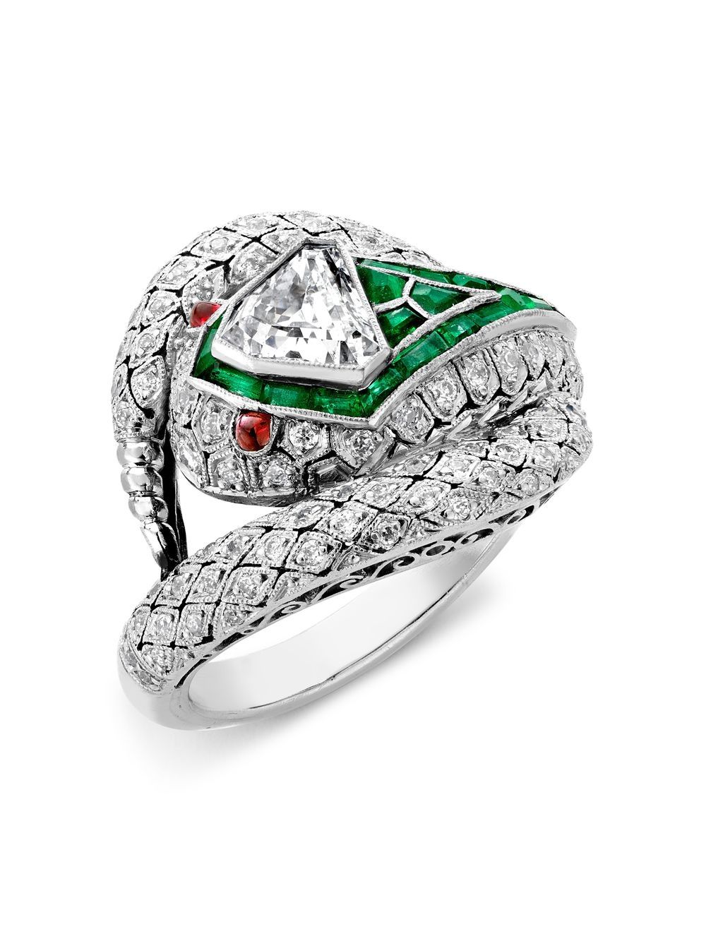 Pre-owned Pragnell Vintage Platinum Edwardian Rattlesnake Diamond, Emerald And Ruby Ring In Silver