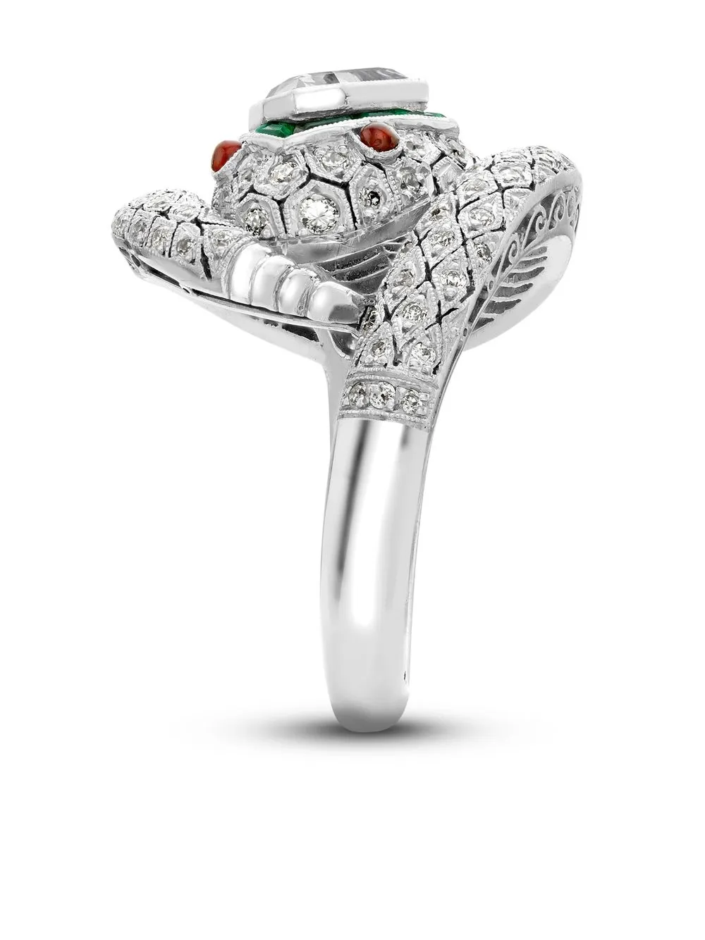 Pre-owned Pragnell Vintage Platinum Edwardian Rattlesnake Diamond, Emerald And Ruby Ring In Silver