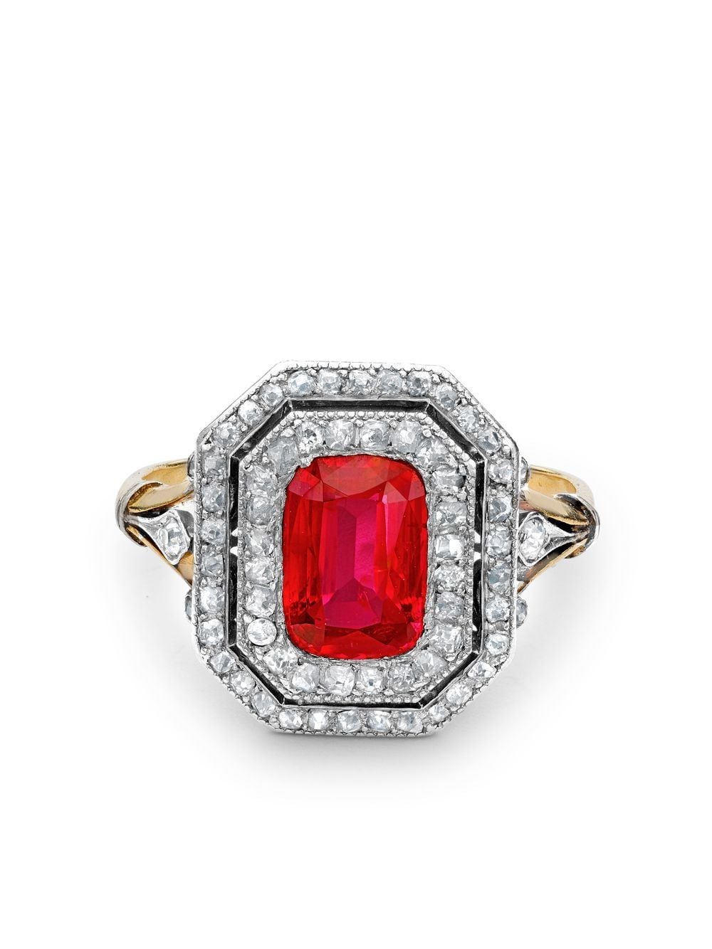 Edwardian 18kt yellow gold and platinum ruby and diamond ring