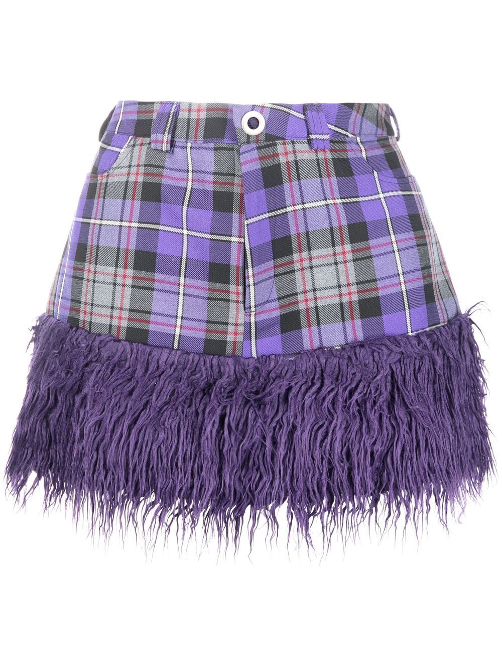 RAVE REVIEW TARTAN FAUX-FUR TRIM MINI SKIRT