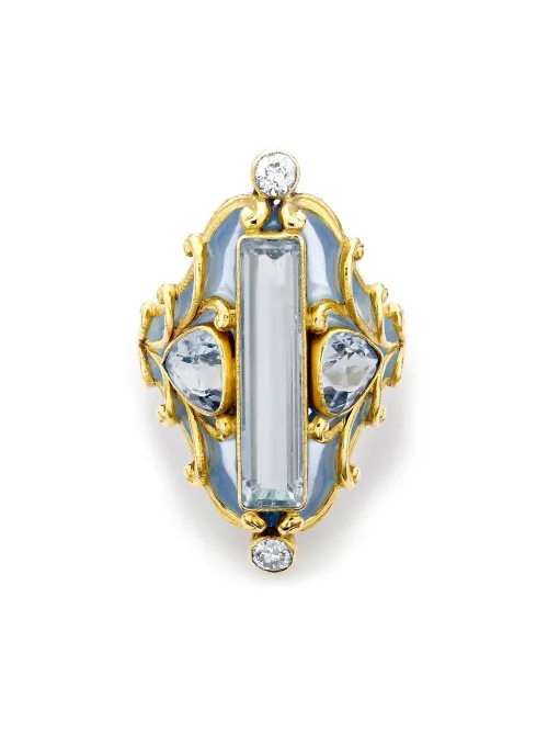 Bague en or 18ct sertie d'aigue-marine et diamants (1890-1915) - Pragnell Vintage - Modalova