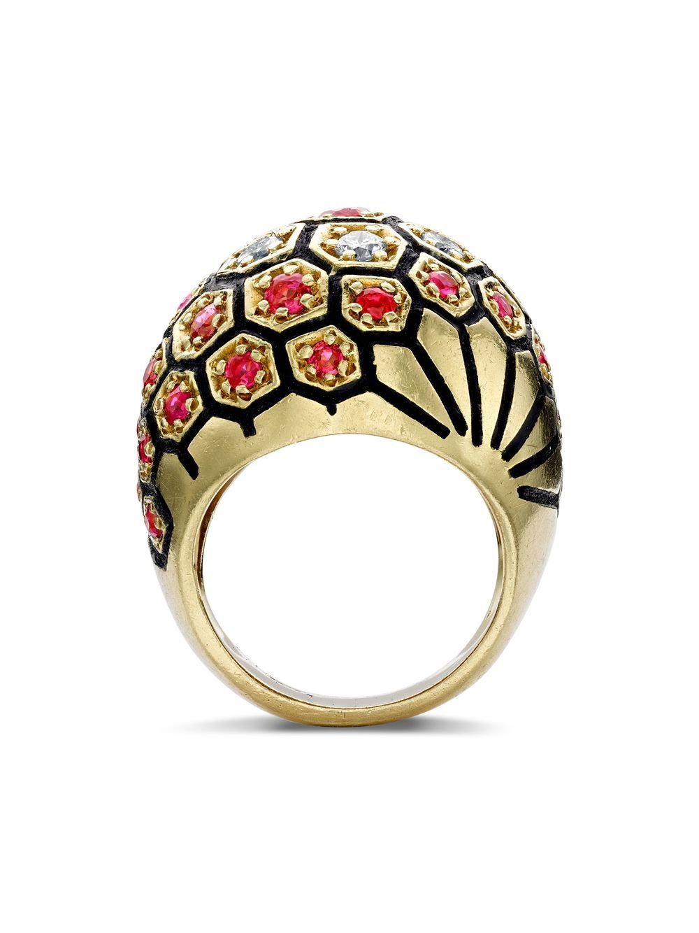 Pre-owned Pragnell Vintage 1970s 18kt Yellow Gold Retro Diamond And Ruby Honeycomb Dress Ring