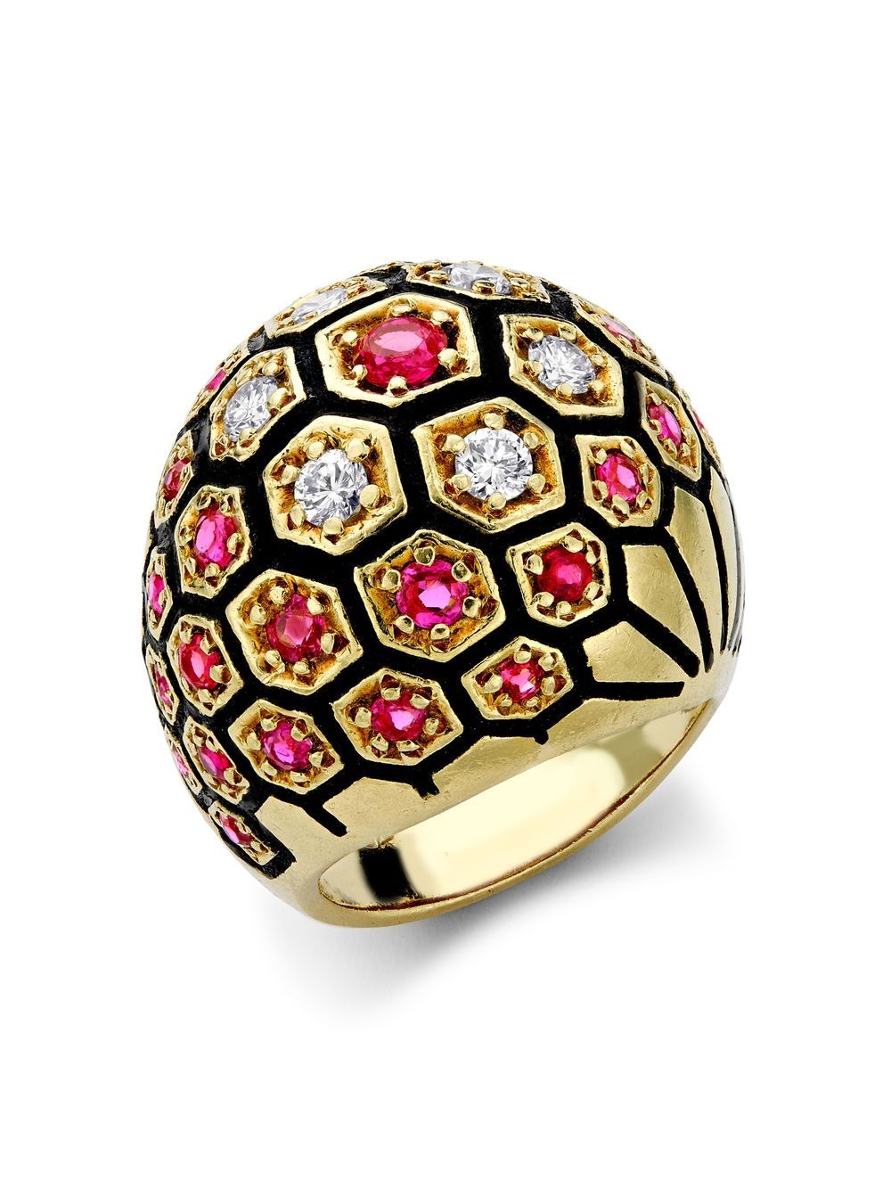 Pre-owned Pragnell Vintage 1970s 18kt Yellow Gold Retro Diamond And Ruby Honeycomb Dress Ring