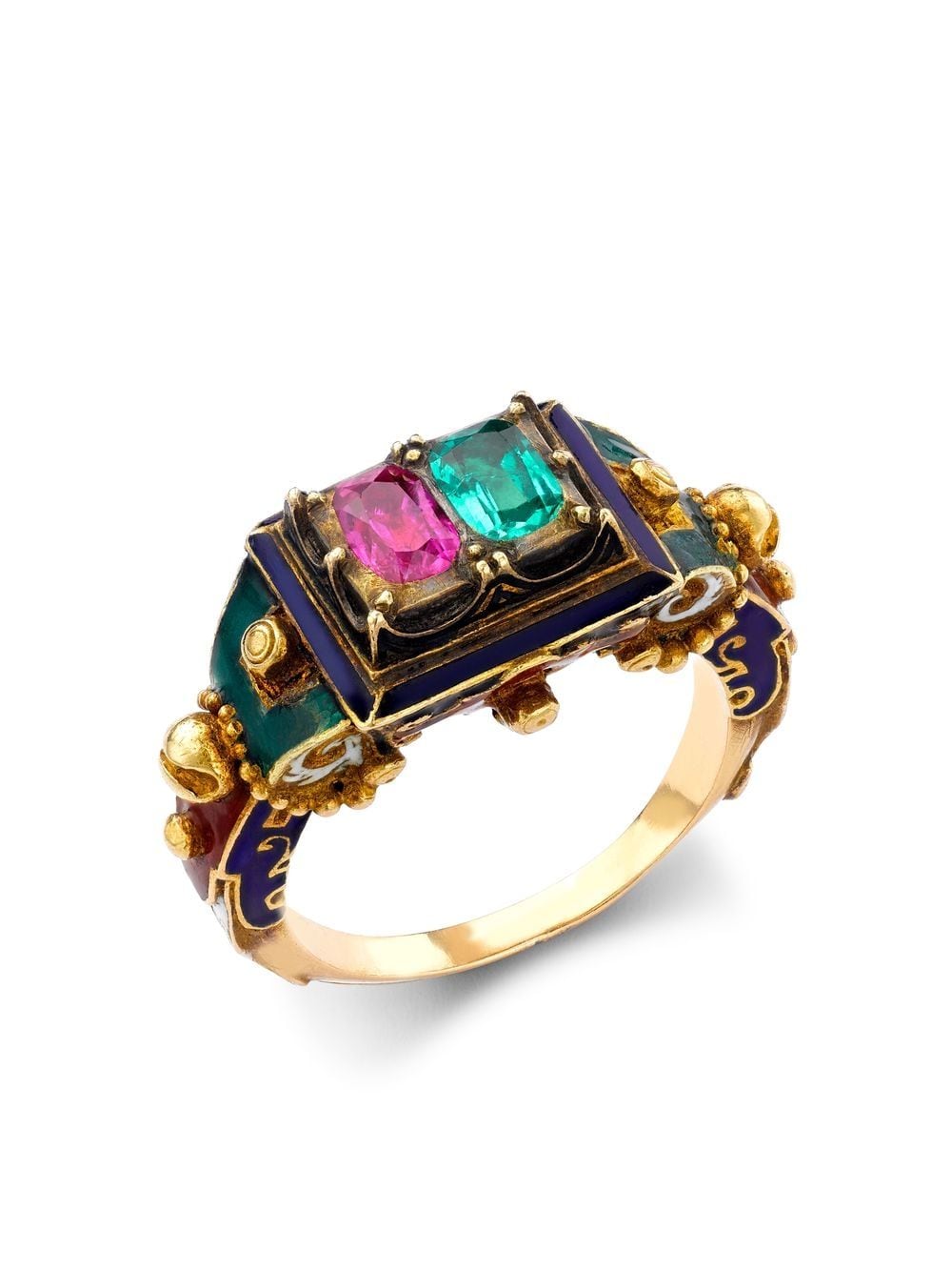 Pre-owned Pragnell Vintage 1837-1890 18kt Yellow Gold Ruby And Emerald Ring In Green