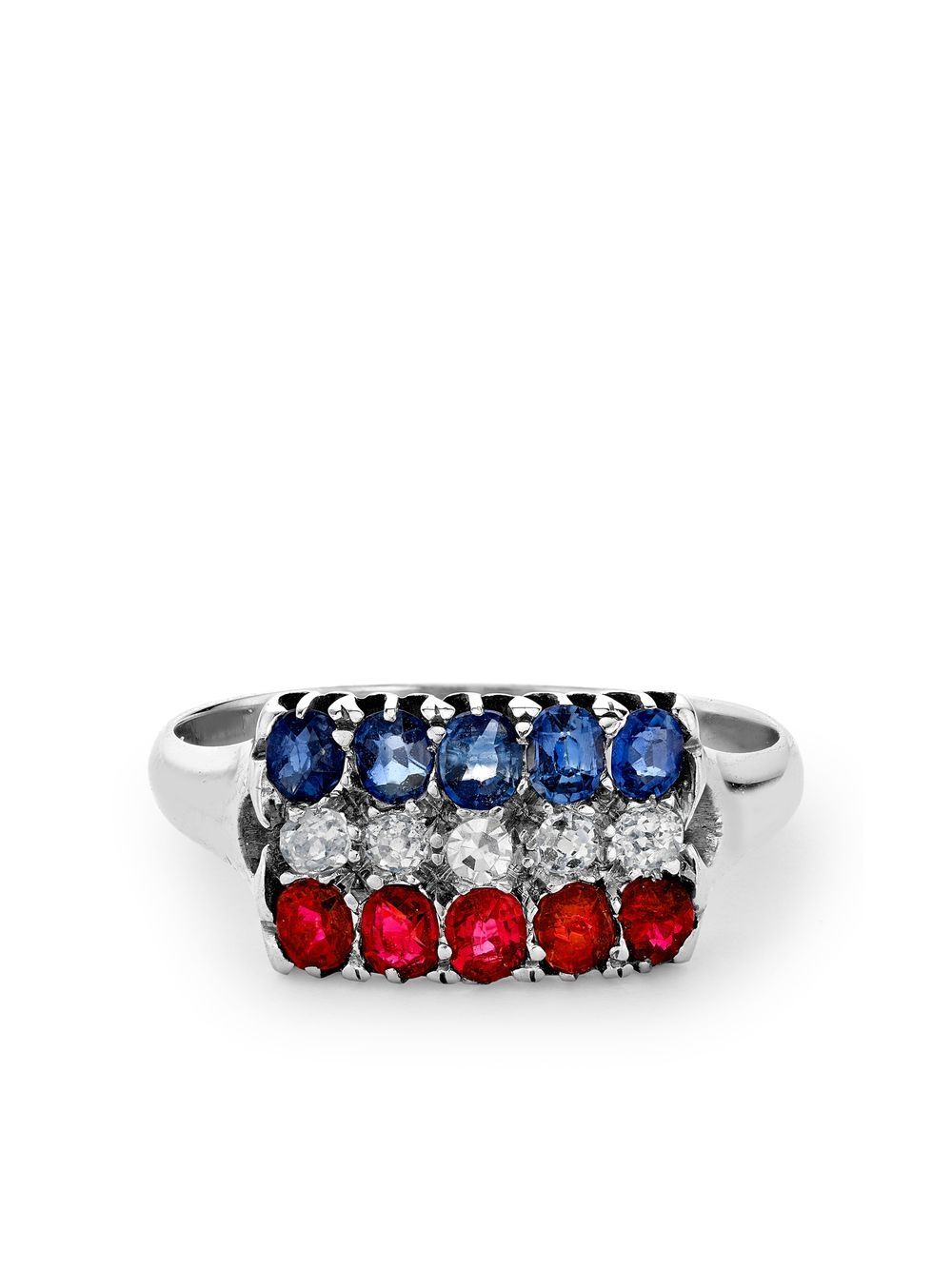 Pre-owned Pragnell Vintage 1893 18kt White Gold Three Row Diamond, Ruby And Sapphire Ring In Silver