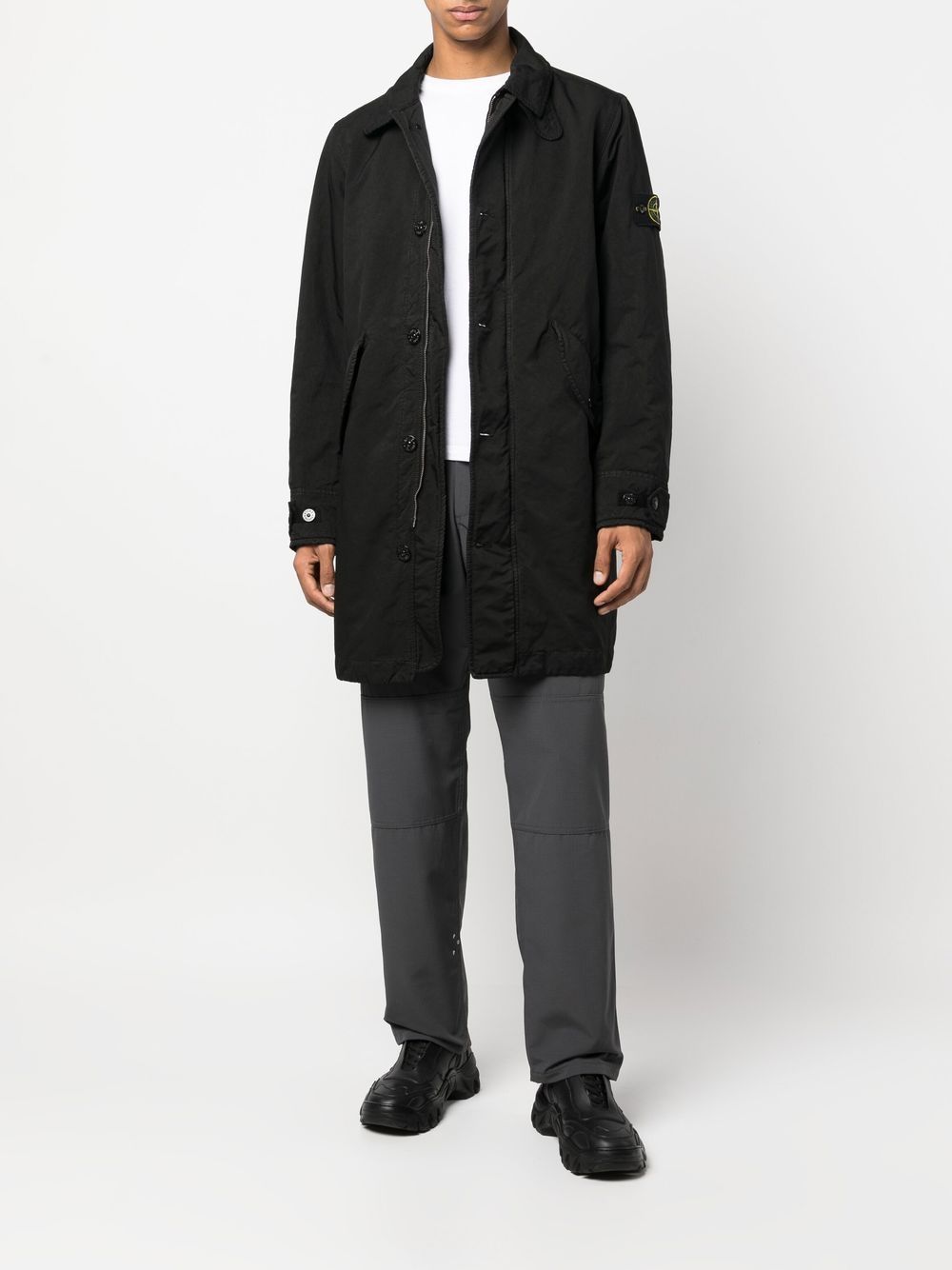 Shop Stone Island Logo-patch Single-breasted Coat In Black