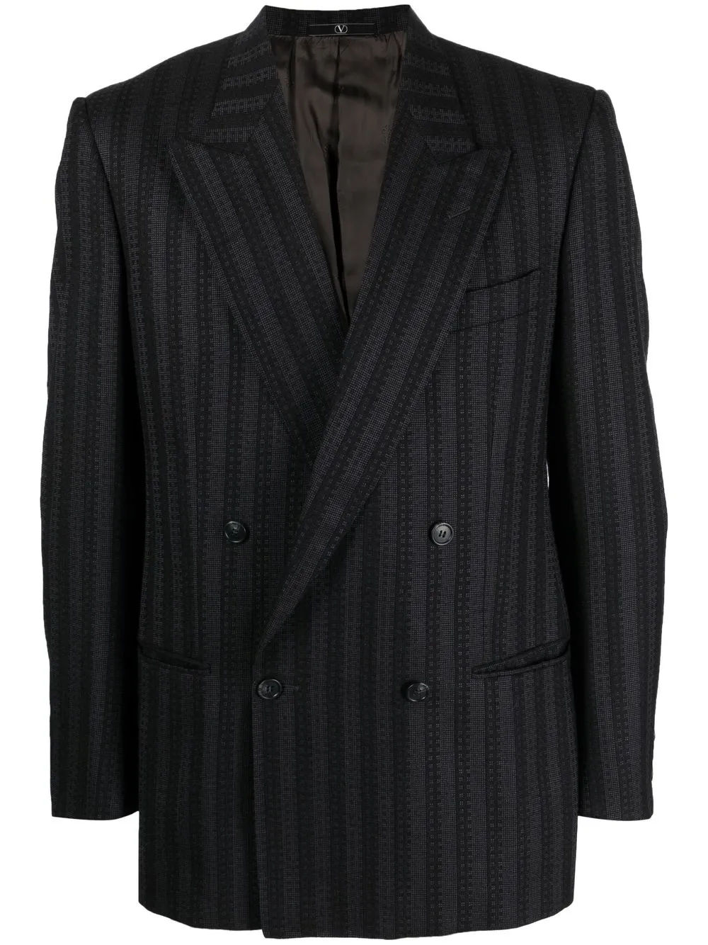 Pre-owned Valentino 1990s Tonal-striped Double-breasted Blazer In Black