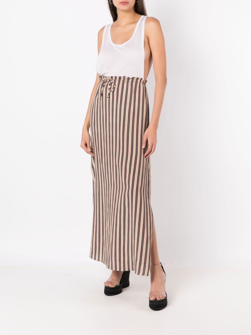 Shop Amir Slama Paper-bag Stripe Pattern Linen Skirt In Brown