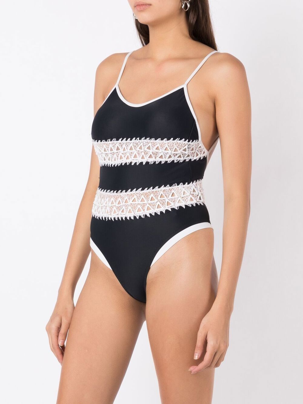 Shop Amir Slama Lace-detail Stripe Swimsuit In Black