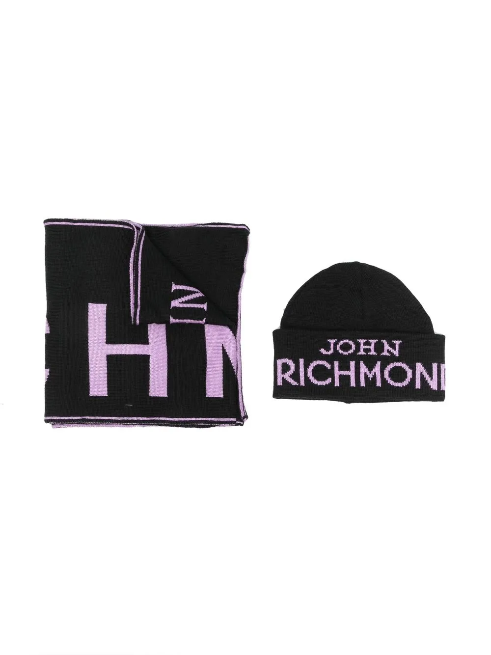 

John Richmond Junior set gorro tejido con logo en intarsia - Negro