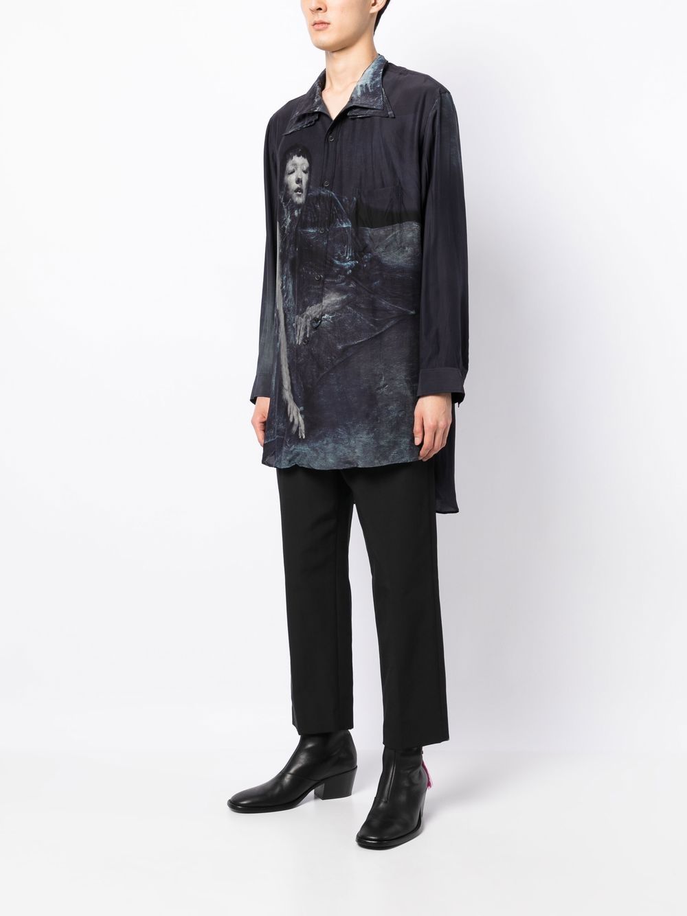 Shop Yohji Yamamoto Graphic Print Longline Shirt In Blue