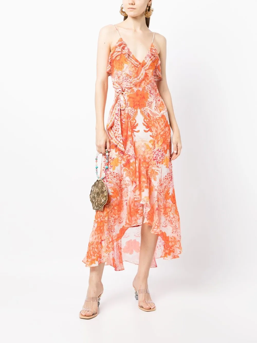 Camilla Wikkeljurk met bloemenprint - Oranje