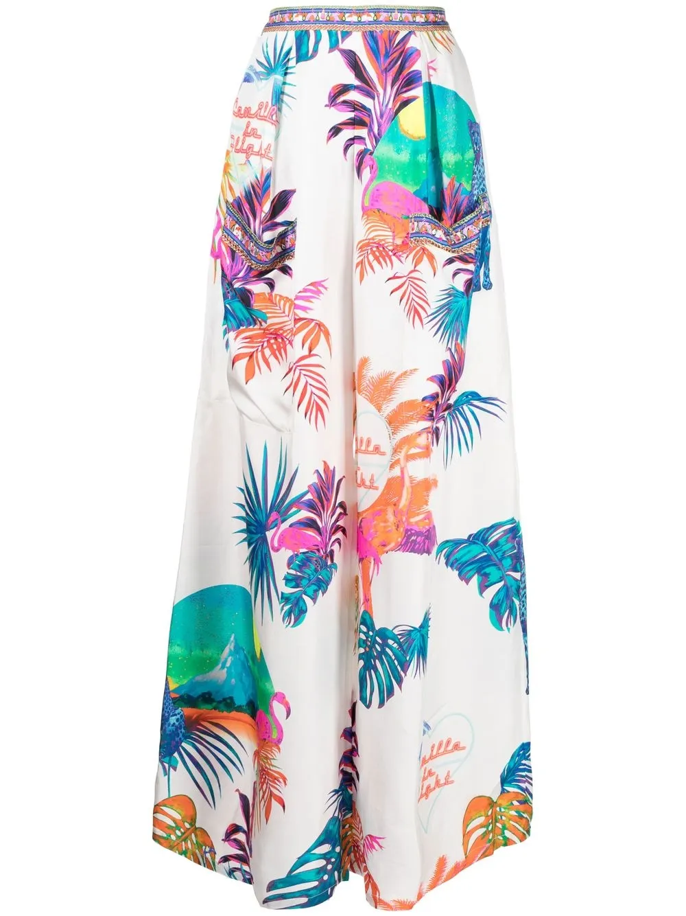 

Camilla silk graphic-print wide-leg trousers - White