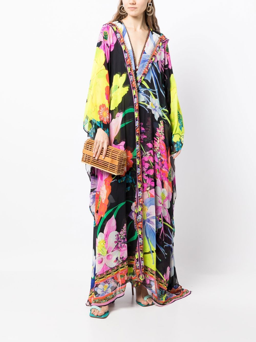 Shop Camilla Floral-print Silk Robe In 黑色