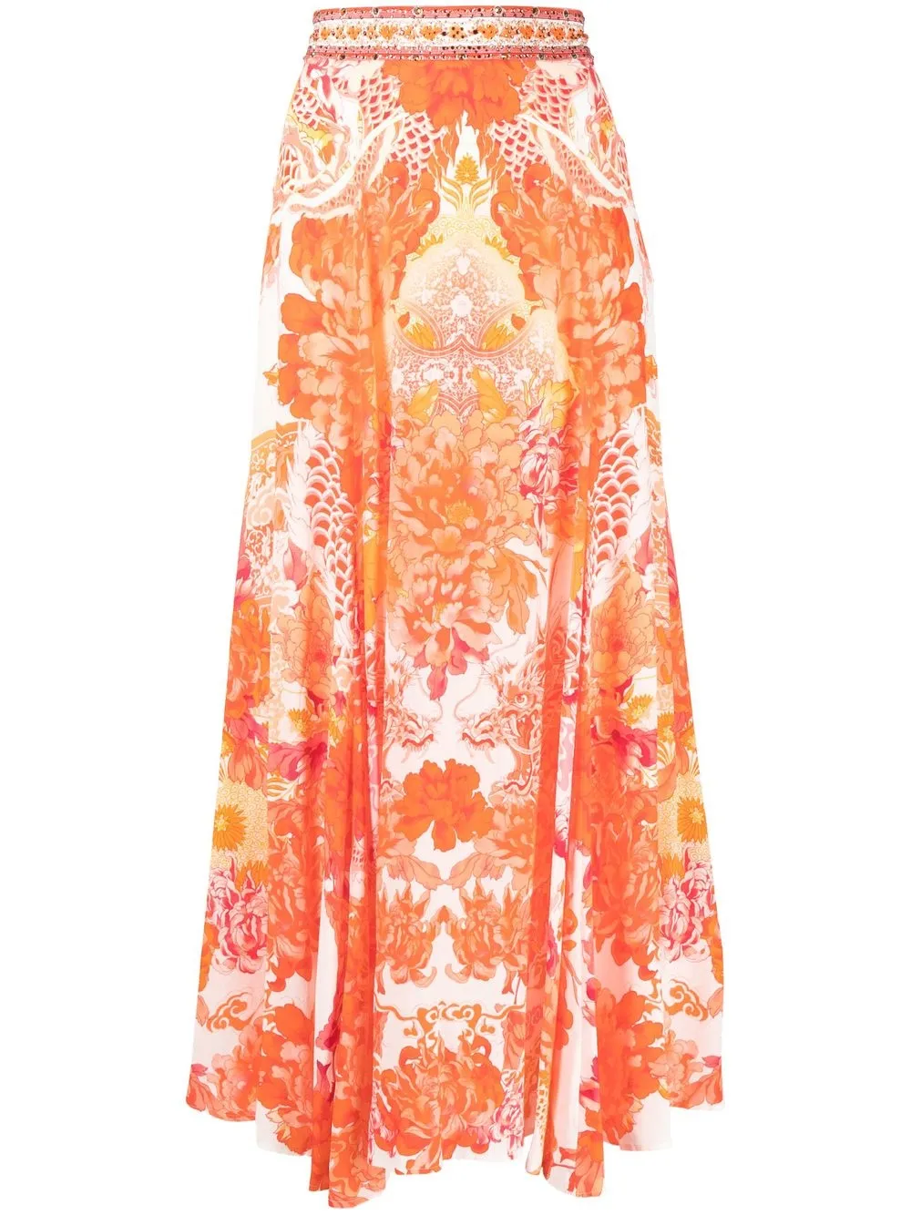 

Camilla dragon-print flared skirt - Orange