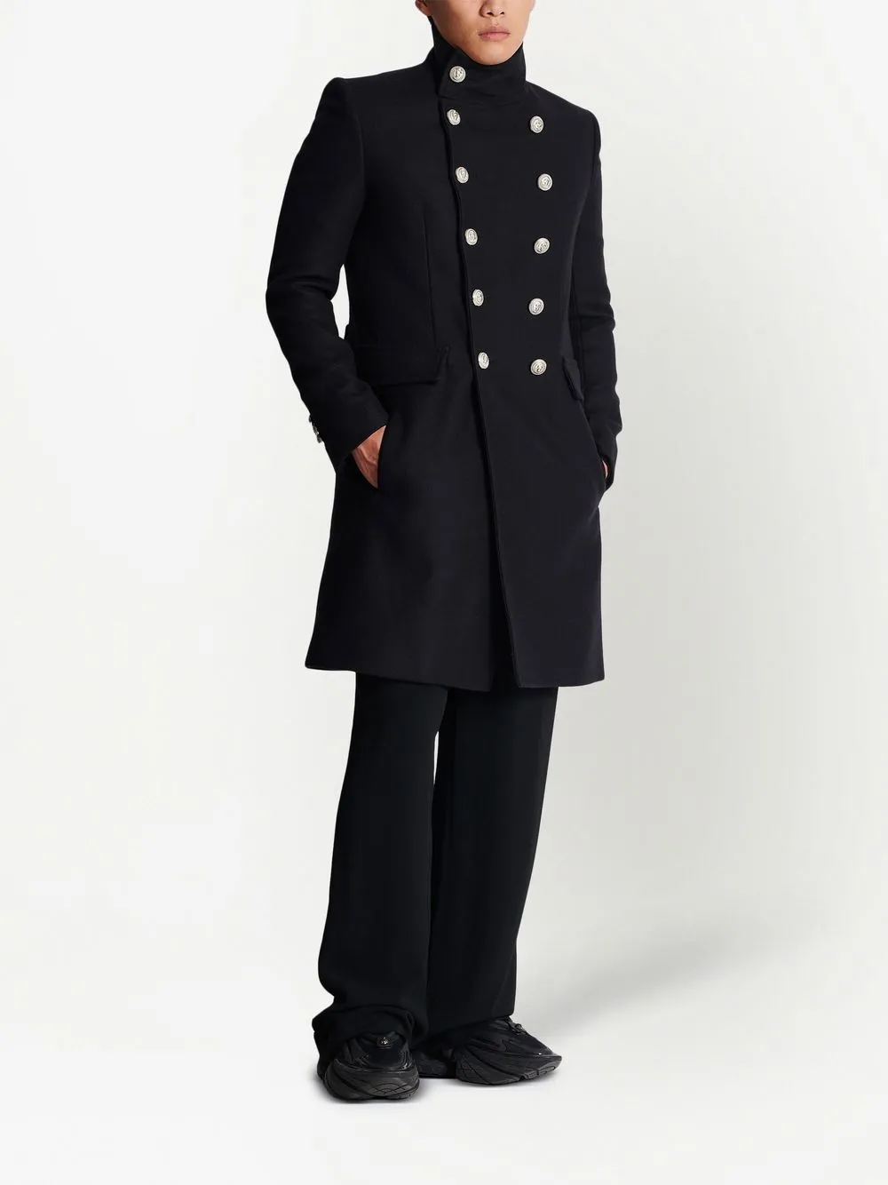 Balmain Long Wool Military Style Coat