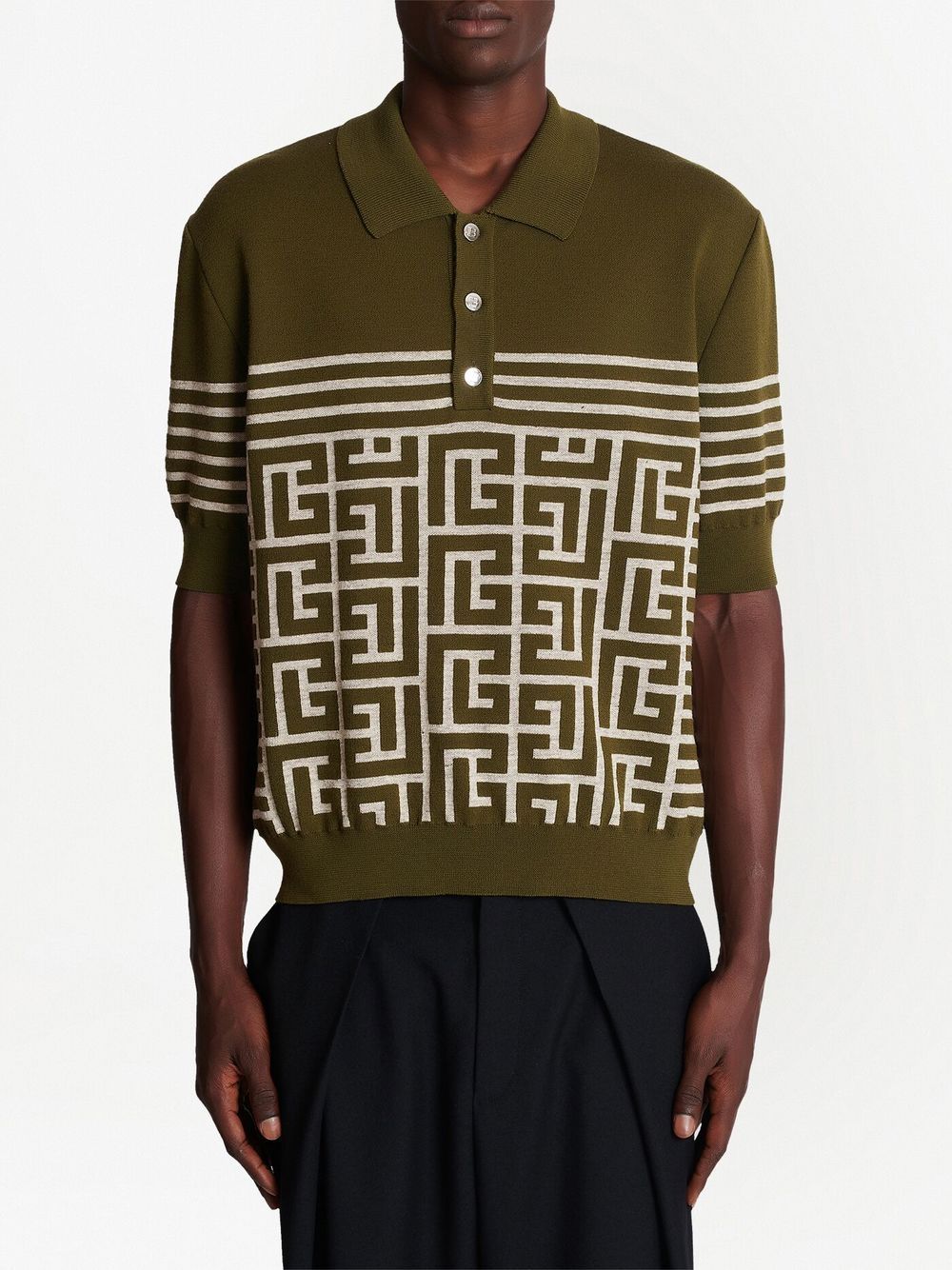 Shop Balmain Pb Monogram-knit Polo Shirt In Green