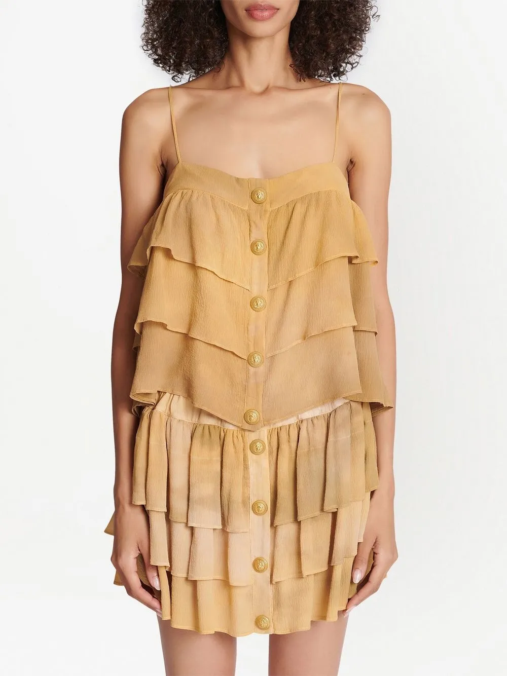 Balmain Strappy Silk Top With Tie-dye Ruffles In Neutrals