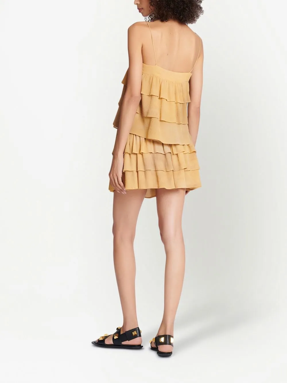 Balmain Strappy Silk Top With Tie-dye Ruffles In Neutrals